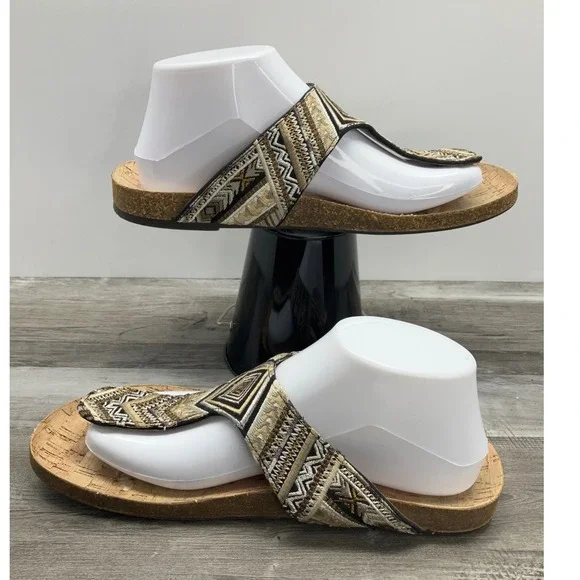 Sam & Libby Womens 9 Gold Black Geometric Embroidered Cork Thong Slide Sandals - Picture 2 of 7